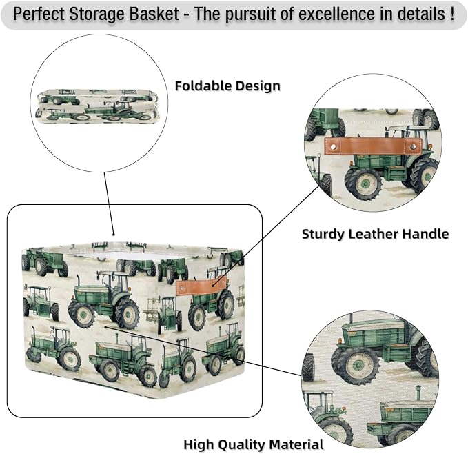 Farmhouse Tractor Truck Storage Boxes Theme Storage Nursery Baskets with Handle Closet Collapsible Organizer Shelf Bins for Book Cloth 15 X 11 X 9.5 IN