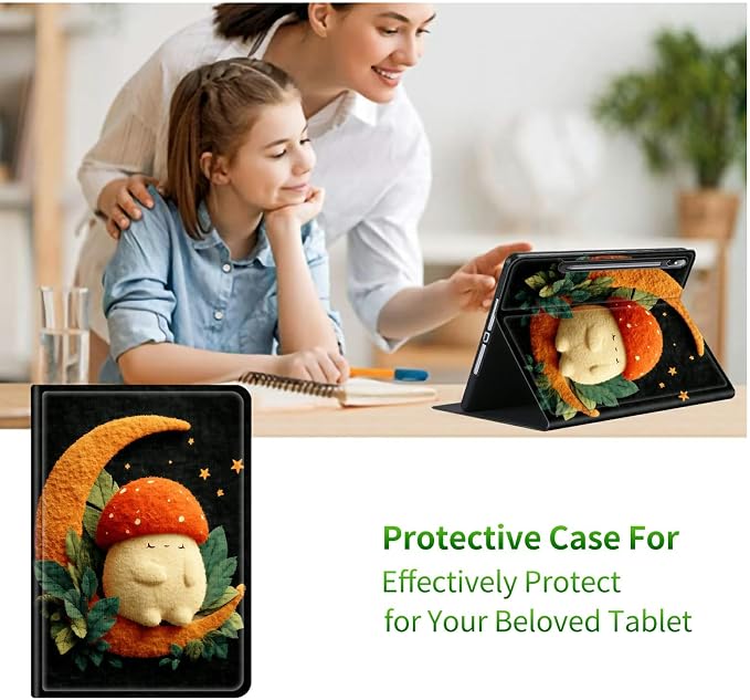 Case for Samsung Galaxy Tab S10+ Plus 2024/ S9 FE Plus/ S9 Plus 12.4" 2023 | Slim Leather Smart Cover with Multi-Angle Anti-Slip Stand [Auto Wake/Sleep] Shell for Women Men, Orange Moon Mushroom