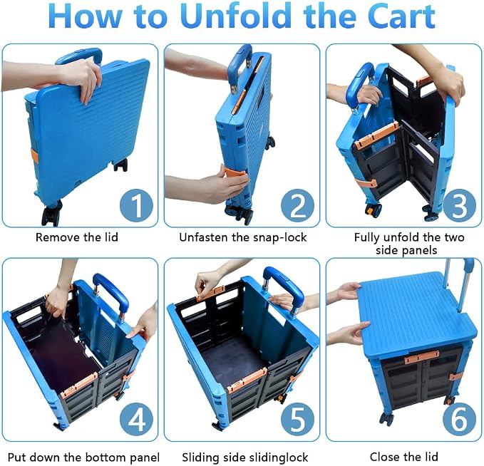 FELICON SELORSS Foldable Utility Cart Portable Rolling Crate-Light Blue | Durable,Heavy Duty,Plastic Box,Telescoping Handle,4 Rotate Wheels,Collapsible Handcart for Travel Shop Move Luggage Office