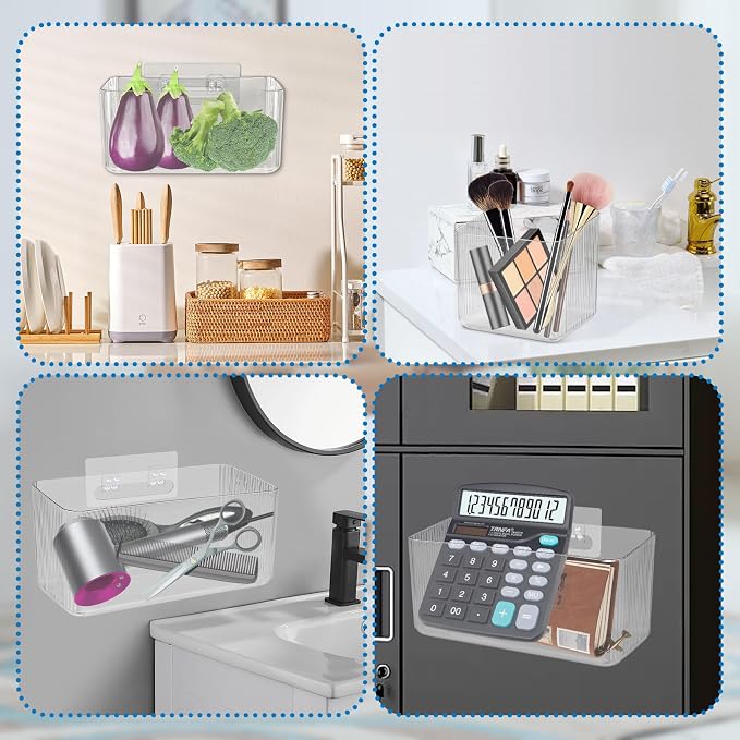 4 PCS 2 Size Plastic Adhesive Mount Over Cabinet Door Organizer, Under Sink Door Storage Shelf Refrigerator Side Storage Box, Wall Organization Container for Kitchen Bathroom Office