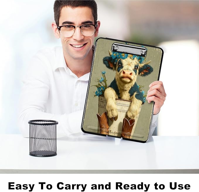 Heavy Duty Storage Clipboard, Slim Nursing Clipboard with Internal Pen Case, Portable File Organizer Case for A4 Letter Size Paper Office Medical Professionals, Cow Blue Flower