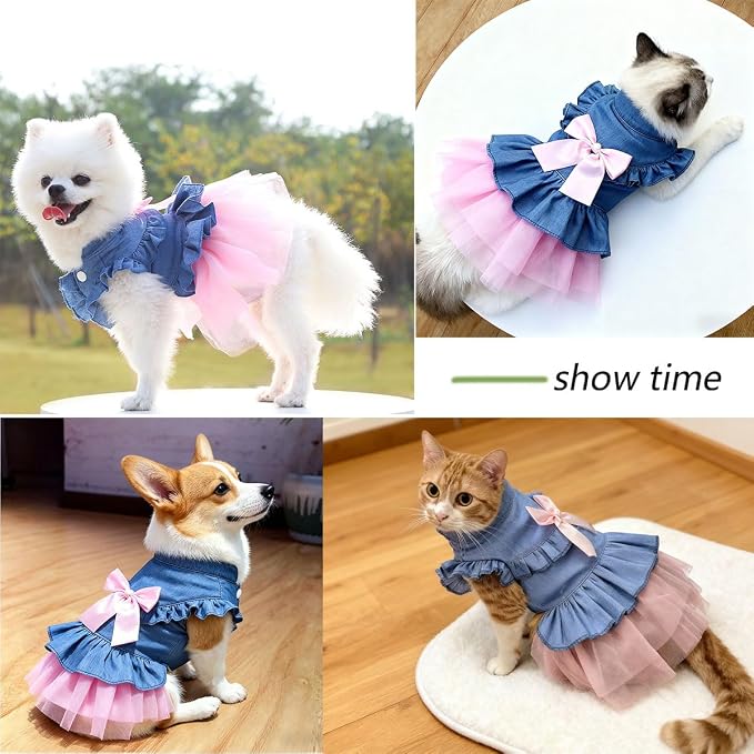 Dog Cat Denim Tutu Dress, Princess Puppy Kitten Outfit with Pearl Bow & Stand-Up Collar, Sleeveless Pet Clothes for Wedding Birthday Party, Easy Front Snap Closure for Chihuahua (Pink-Denim, Small)