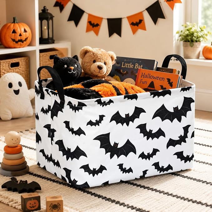 Halloween Batman Basket Gothic Bat Storage Kids Toy Organizer Room Decor | Collapsible Waterproof Kids Laundry Basket With Handles,Multi-scene Organizer for Home Bedroom,Black Bats Gift Bin