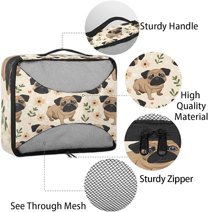 Pug Dog 4 Set Travel Packing Cubes for Accessories, Suitcase Organizers Luggage Bags Set with Double Zippers & Mesh Top