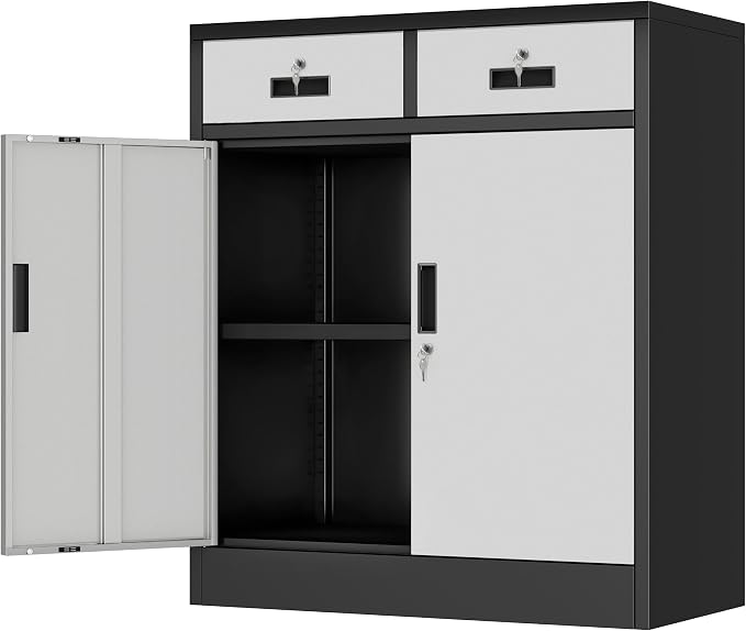 Wanfu Metal Storage Cabinet, 36" H Locking Storage Cabinet with 2 Drawers and Adjustable Shelf, Metal Cabinets for Office, Garage, Home-Black and Silver