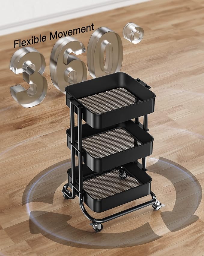 Pipishell 3 Tier Metal Rolling Utility Cart with 2 Lockable Wheels, Black | 360° Rotating Wheel, Heavy-Duty Steel, Sturdy Dual Columns, Ventilated Mesh, Hold 22 lbs per Shelf, for Kitchen & Dining Room