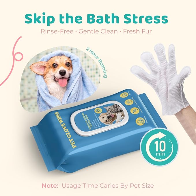 Pet Glove Wipes for Dogs & Cats, No Rinse Full Body Cleaning Large Gloves (9.84 x 9.05 inch), Gentle Grooming for Paws Face Ears Eyes Coat, Alcohol Free, 20 Count
