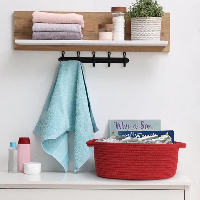 Red Woven Basket, 13" x 9" x 5" Baskets for Gifts Empty, Cute Cotton Rope Cat Dog Toy Bin Box, Small Woven Bin for Organizing, Red Room Decor, Nursery Cloth Diaper Storage Organizer