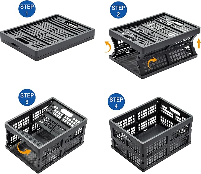 Eslite 16L Collapsible Storage Crates,Folding Plastic Crates for Storage,Pack of 4,Gray