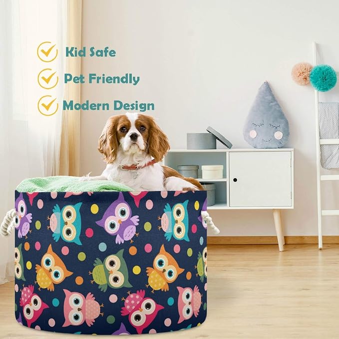 visesunny Storage Basket Colored Cartoonn Owl Dot Nursery Hamper Basket Clothes Toy Storage Organizer Bin Box Collapsible Laundry Bag for Kid Room,Playroom,Bathroom,Living Room,Dorm,Office