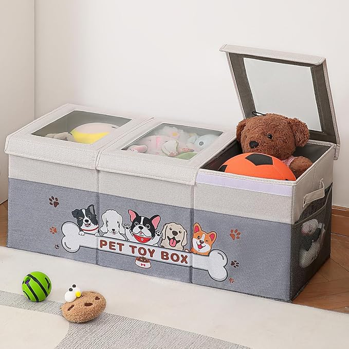 Dustproof Dog Toy Box With Transparent Lid, 3 Grids Dog Toy Bin, Extra Large Storage Holder Container, Foldable Chest