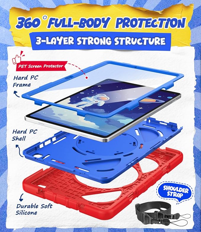 Grifobes Case for Samsung Galaxy Tab A11+ / A9+ Plus 11 inch 2026/2024 | Full Protection with Screen Protector/Rotating Stand, Hand/Shoulder Strap for 11” Tablet Cover Red+Blue