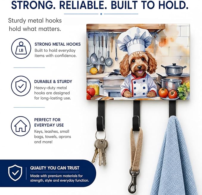 Caroline's Treasures Cockapoo The Chef Leash or Key Holder Wall Hooks, Key Hooks Holder, Coat Rack Wall Mount, Coat Hooks, Hooks for Hanging Keys, Towels, Aprons, Leashes | Cockapoo The Chef artwork on ceramic tile with three steel hooks for keys, leas...