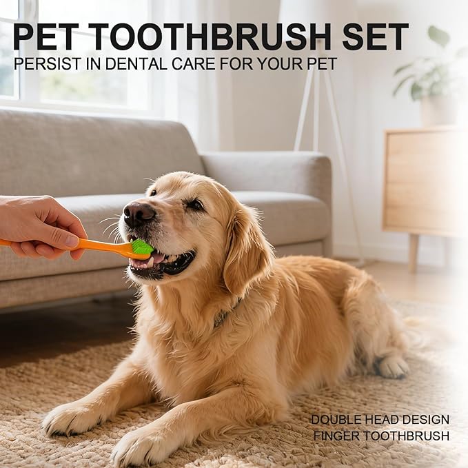 HOP 7 Pack Pet Toothbrush kit Orange 4 Angled Double-Head Dog Toothbrushes 3 Dog Finger Toothbrushes Soft Nylon Bristle Dog Toothbrush Refill Puppy Tooth Brushing Kit Pet Dental Care for Dogs and Cats