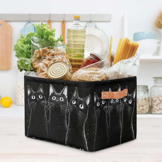 Curious Black Cats Storage Boxes Theme Storage Nursery Baskets with Handle Closet Collapsible Organizer Shelf Bins for Book Cloth 15 X 11 X 9.5 IN