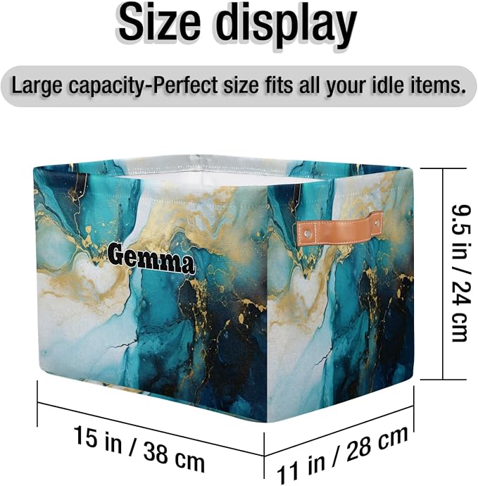 Personalized Storage Bins, Customized Name Storage Basket Rectangle Clothes Organizer for Organizing Kids and Pets Toys Shelf Closet, Blue Cream Marble Texture