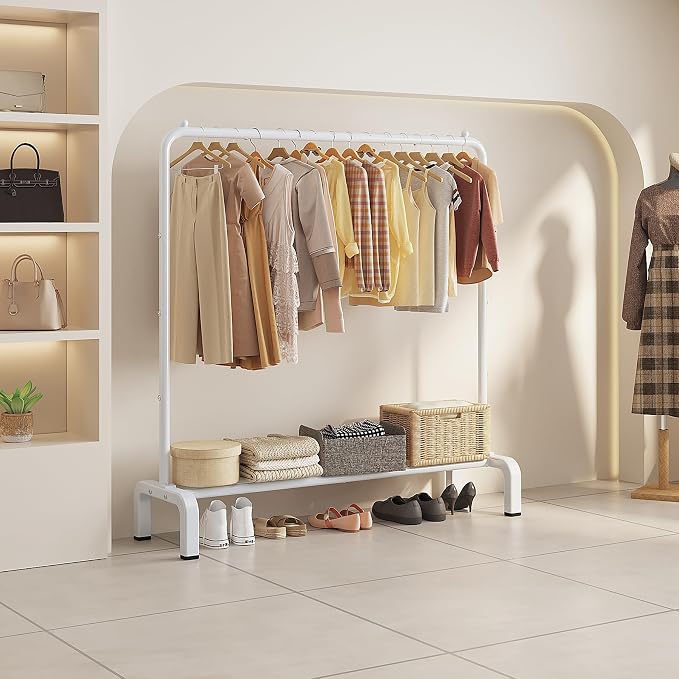 Metal Clothing Rack, 43.3 Inches Clothes Garment Coat Rack with Bottom Shelf for Hanging Skirts, Shirts, Sweaters, White | Metal 43.3 Inches Garment Rack Clothing Clothes Rack with Bottom Shelf for Hanging Clothes Coats Skirts Shirts Sweaters White