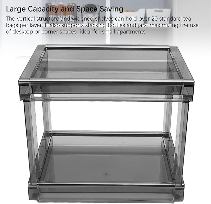 Desktop Storage Rack, Versatile Tea Bag Organizer for Coffee Bar and Makeup, High Capacity PET Cosmetic Stationery Holder with AntiSlip Pads for Kitchen and Office, Space Saving (Transparent
