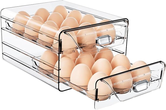 HIYOHIYO 2-Tier Clear 24 Grid Egg Container for Refrigerator, With Drawers | Large Capacity, with Time Scale Marking, Stackable, Sturdy Eggs Storage for Fridge and Countertop