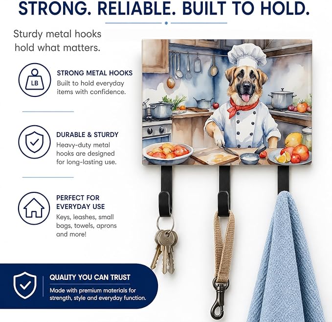Caroline's Treasures Anatolian Shepherd The Chef Leash or Key Holder Wall Hooks, Key Hooks Holder, Coat Rack Wall Mount, Coat Hooks, Hooks for Hanging Keys, Towels, Aprons, Leashes | Anatolian Shepherd The Chef artwork on ceramic tile with three steel ...