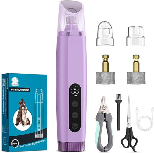 ATESON Dog Nail Grinder with LED Light, 6-Speed Quiet Electric Pet Nail Trimmers, Forward/Reverse, Powerful No-Stall Motor, 2000mAh Battery 8H Runtime, Dust Capture with Nail Clippers for Dogs & Cats