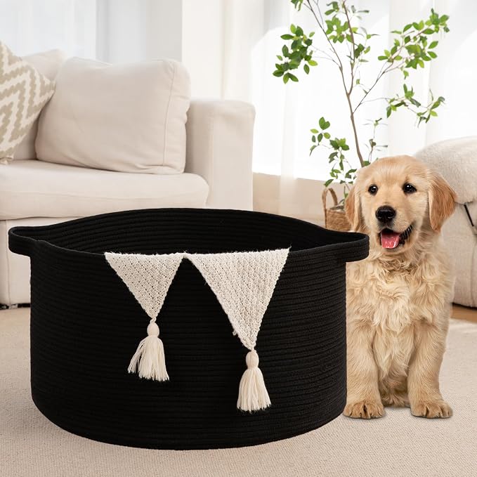 OIAHOMY 105L Extra Large Blanket Basket - Decorative Cotton Rope Storage Basket for Bedroom, Living Room & Nursery - Woven Laundry Hamper for Organizing Blankets, Clothes & Toys - Black