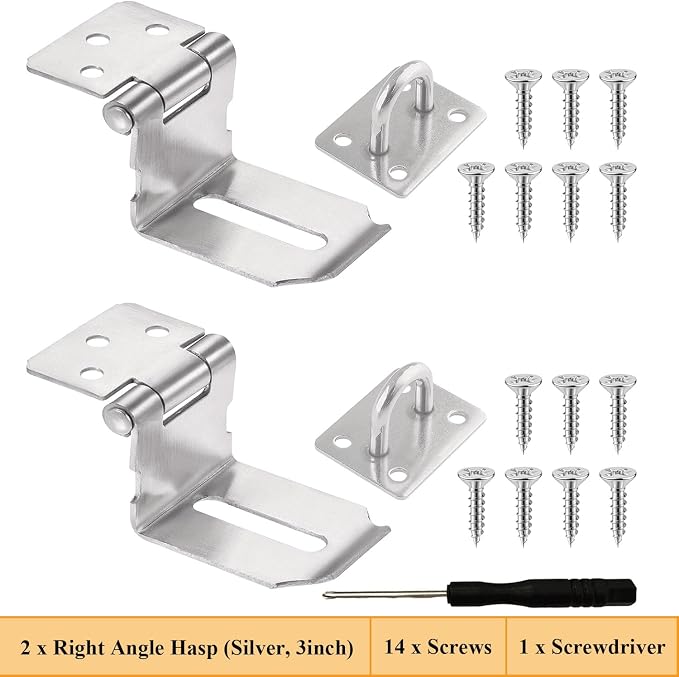 Right Angle Padlock Hasp, 2 Pack Stainless Steel Gate Lock Latch, 90 Degree Door Hasp Clasp for Garden Gate, Wooden Barn Shed Door, Storage Box, Closets, Cabinets, Pet Cage, Silver (3 Inch)