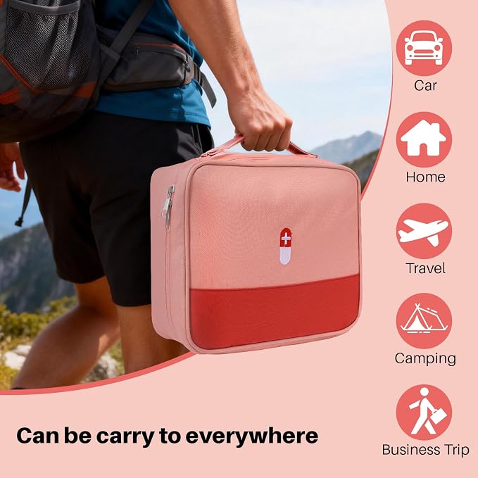 First Aid Bag Empty Medicine Bag Portable Medical Supplies Organizer Bag for Home Traveling Outdoor Hiking Camping Backpacking Cycling (Pink)