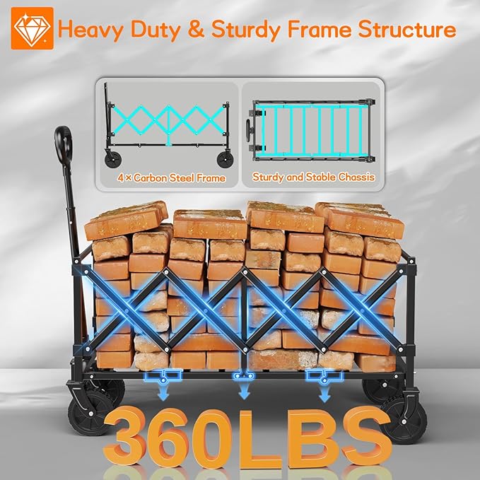 Extra Long Wagons Carts Foldable, 360LBS Heavy Duty Collapsible Wagon with Wheels, Folding Wagon Portable Utility Cart for Groceries, Shopping, Camping, Sports