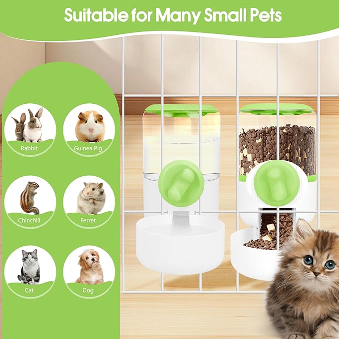 Rabbit Water Dispenser 35oz, Hanging Automatic Pet Feeder for Cage, Auto Gravity Cat Food Bowl Water Bottle Small Animal Feeding Accessories for Puppy Kitten Bunny Hedgehog Ferret Guinea Pig (Green)