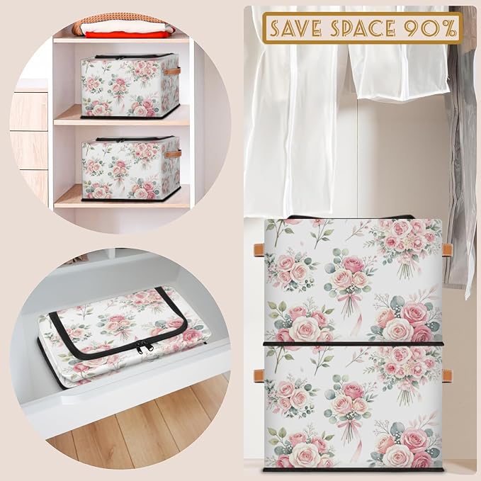 Pink Floral Flower Storage Baskets - Home Decorative Bins Collapsible Cubes with Zipper Lid, Rose Box with Handles for Living Room Bedroom Nursery Shelf Closet Office Kitchen, 24L