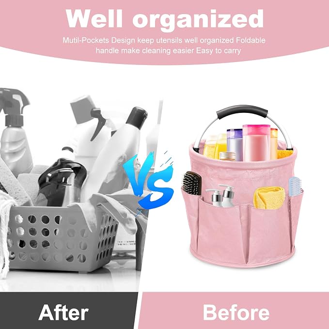 17L Cleaning Caddy with Handle, Foldable Cleaning Supply Caddy with 6 Pockets Cleaning Caddy Bag for Outdoor Camping Garden Harvest Basket Bathroom Storage (Pink)