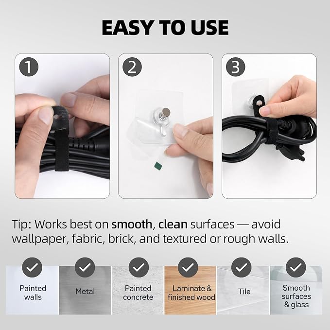 Cable Organizer - Keep Cord Bundles Out of the Way and Easy to Access | 12 Strong Adhesive Hooks + 12 Adjustable Hook-and-Loop Straps, Clear Mounts & No-Drill Setup