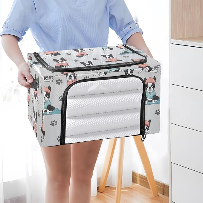 Cute Pets Dog Gray pattern Under Bed Storage Containers with Double Zipper Openings, Foldable Clothes Storage Bins with Clear Window and Handles for Bedding Comforters Blankets