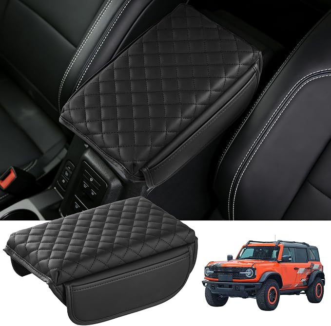 Center Console Cover for Ford Bronco Accessories 2021 2022 2023 2024 2025 2026 2/4-Door with Heightening Leather Car Armrest Cover Cushion Leather Side Pockets Interior Accessories Prevent Scratching