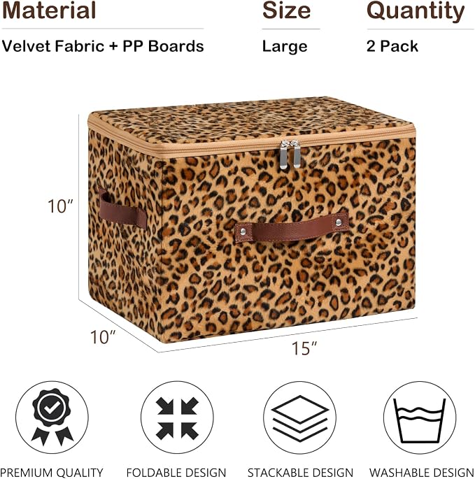 2PCS Storage Bin Boxes with Zipper Lid Leopard Print Cute Basket | Velvet Fabric, PU Leather Handles, PP Plastic Board, Foldable Washable Lidded Closet Shelf Organizer Container, Brown, Large