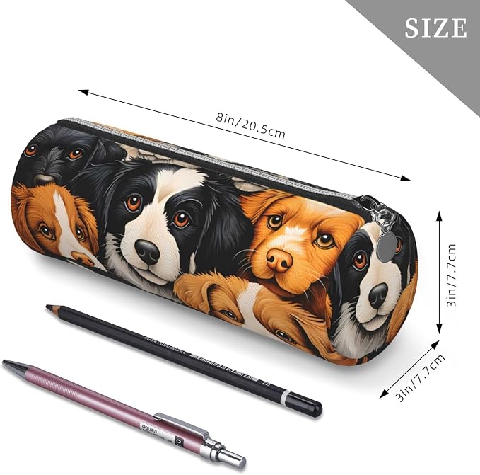 OSAM SPACE Leather Pencil Case Round Pencil Bag Cute Dogs Pen Organizer Holder Portable Zipper Pouch Cute School Supplies for Girls Boys Study Office