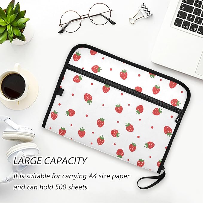 13 Pocket Zipper Expanding File Folder A4 Strawberry Fruit | Accordion File Organizer with Front Pouch A4 Letter Size Portable Folders for Documents Receipt School Office Supplies