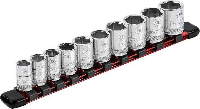 ARES 70135 3/8-In Red Socket Rail 9.84-In | Part No. 70135; Store up to 10 Sockets and Keep Your Tool Box Organized
