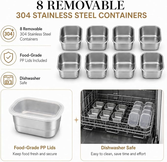 Ankou Snackle Box Container, Stainless Steel Divided Serving Tray with Lid, Handle and Forks
