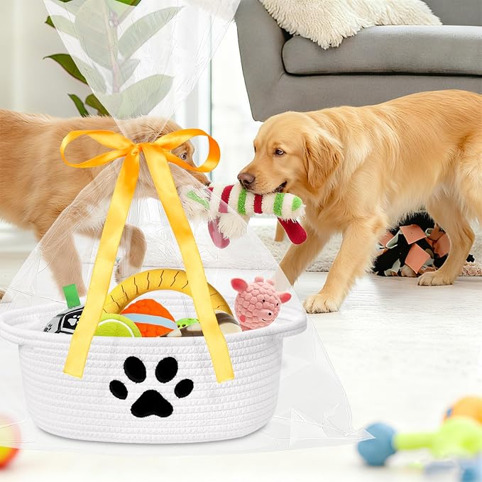 Small Woven Basket with Gift Bag, Cute Dog Paw Baskets for Gifts Empty, Decorative Rope Woven Nursery Storage Dog Toy Basket for Easter, Baby Shower, 12" x 8" x 5"