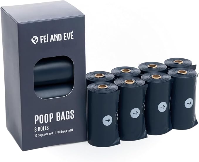 Fei & Eve Dog Poop Bags 8 Rolls, Extra Thick 25 Micron & 100% Leak-Proof | Unscented, Full Blackout & Odor-Locking, Stretch Resistant, Easy to Tear off, Waste Bags