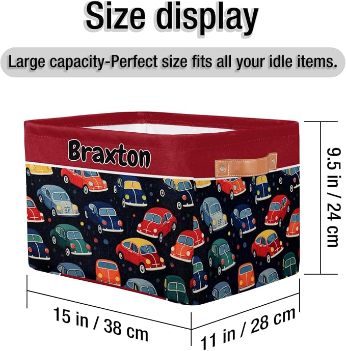 Personalized Foldable Storage Basket with Name, Laundry Hamper Dirty Clothes Pet Toys Storage Bin with Handles for Shelf Home Closet Kitchen, Colorful Car Pattern