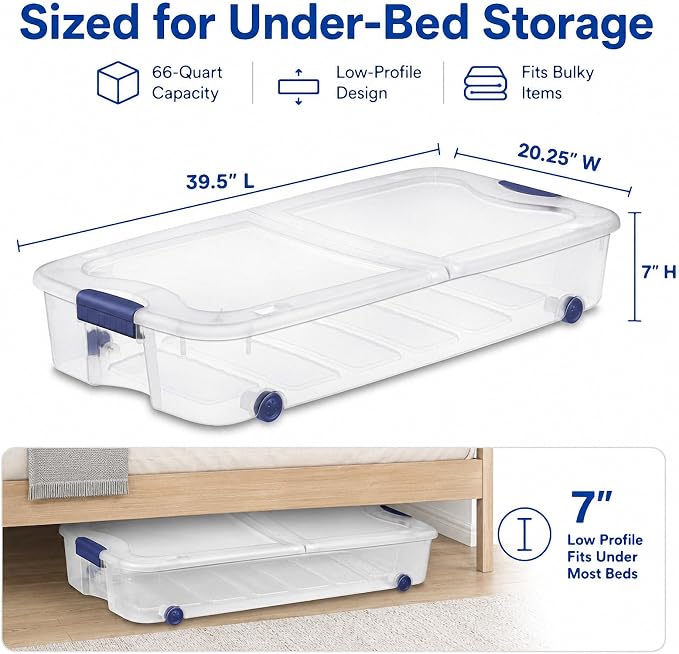 66 Qt Under Bed Storage Container, Wheeled Clear Latching Lid, 39.5x20 in | High capacity plastic, smooth gliding rollers, space saving clothing linens organizer, dorm wardrobe accessory