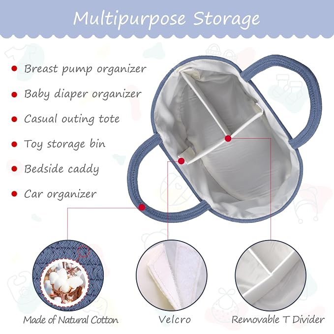 COMSE Large Cotton Rope Baby Diaper Caddy Organizer, Folkstone Gray