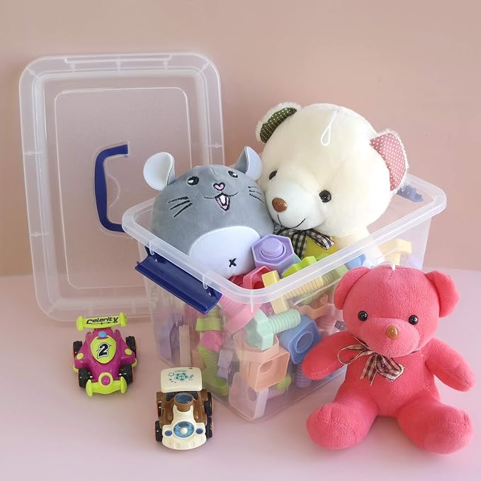 4-Pack 10 L Plastic Storage Box, Clear Storage Box with Lid | Secure Side Buckle Latches, Dustproof Lid, Clear Visible Body, Stackable Compact Size, For Home Office Small Item Storage