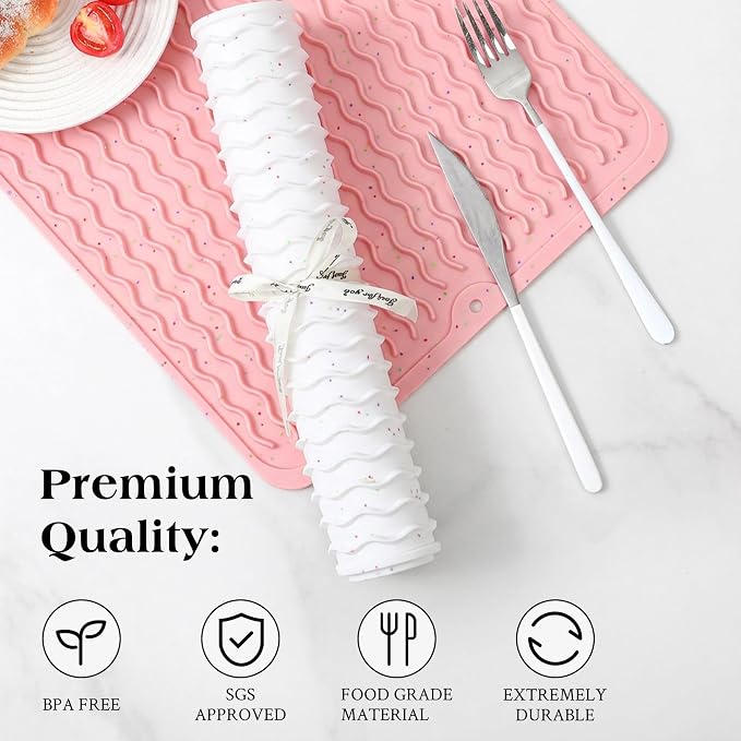 CAKETIME 2 Pack Multicolor Silicone Dish Drying Mat for Kitchen Counter Cooking Baking Liners Drawer Espresso Machine Station Utensil Holder Washer Trivets Oven Chef Gifts Extra Large 18"x16" Pink
