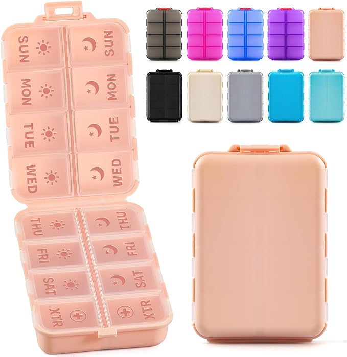 Foldable Weekly Pill Organizer 2 Times a Day with 2 Extra Compartments - Etched Labels - Portable 7 Day AM PM Medicine Box, Week Daily Travel Pill Case Holder Dispenser for Vitamin, Supplement - Pink