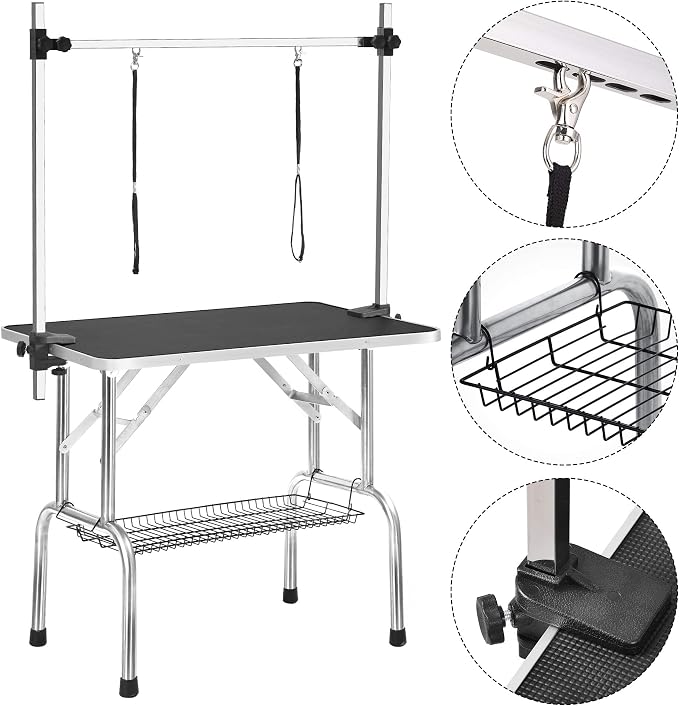 36" Professional Adjustable Pet Grooming Table Heavy Duty with Arm & Nosse & Mesh Tray for Large Dog Cat Shower Table Bath Station, Maximum Capacity Up to 300 LBS (Black 36 inch)