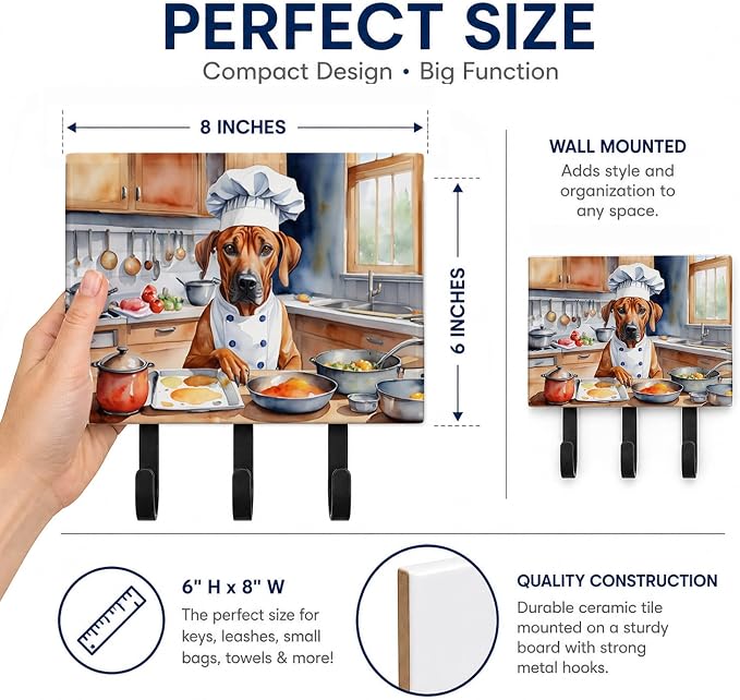 Caroline's Treasures Rhodesian Ridgeback The Chef Leash or Key Holder Wall Hooks, Key Hooks Holder, Coat Rack Wall Mount, Coat Hooks, Hooks for Hanging Keys, Towels, Aprons, Leashes | Rhodesian Ridgeback The Chef artwork on ceramic tile with three stee...
